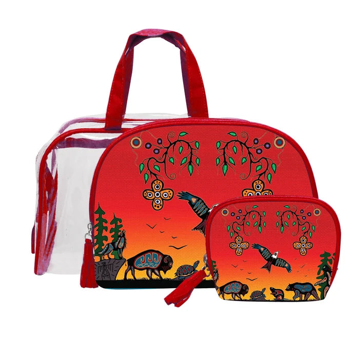 Seven Grandfather Teachings Cosmetic Bag Set featuring vibrant designs by Anishinaabe artist Cody Houle.
