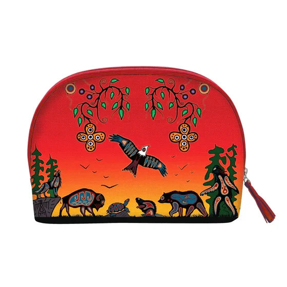 Red pouch with nature-themed design featuring animals and trees on a white background