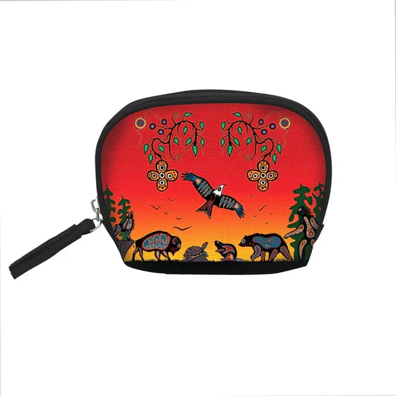 Coin purse with nature-themed design featuring animals and trees on a red background