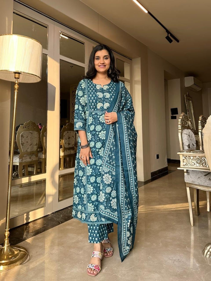 Shamma Premium Cotton Floral Suit- Blue