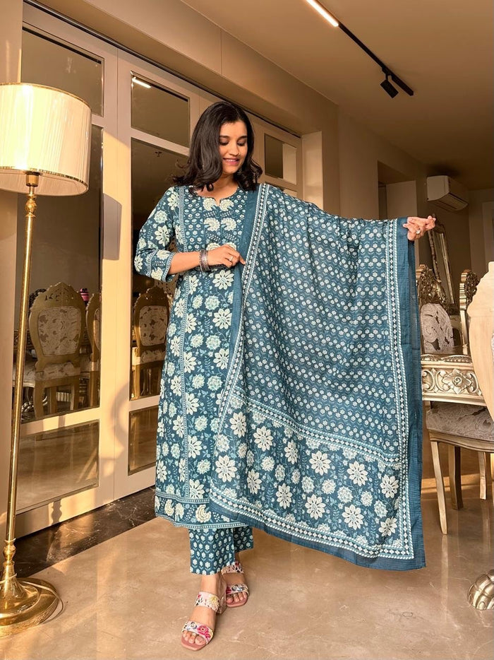 Shamma Premium Cotton Floral Suit- Blue