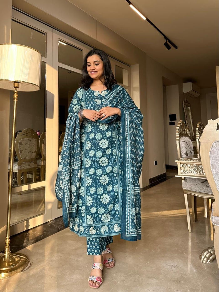 Shamma Premium Cotton Floral Suit- Blue