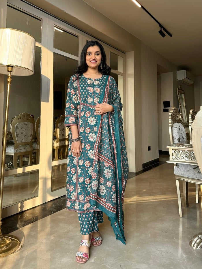Shamma Premium Cotton Floral Suit- Green