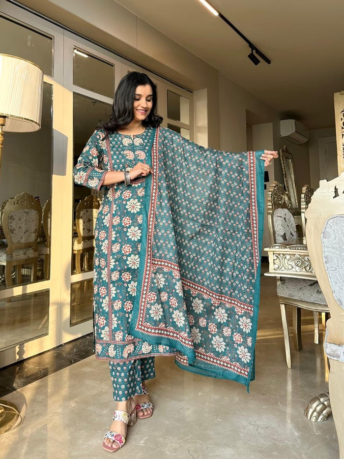 Shamma Premium Cotton Floral Suit- Green