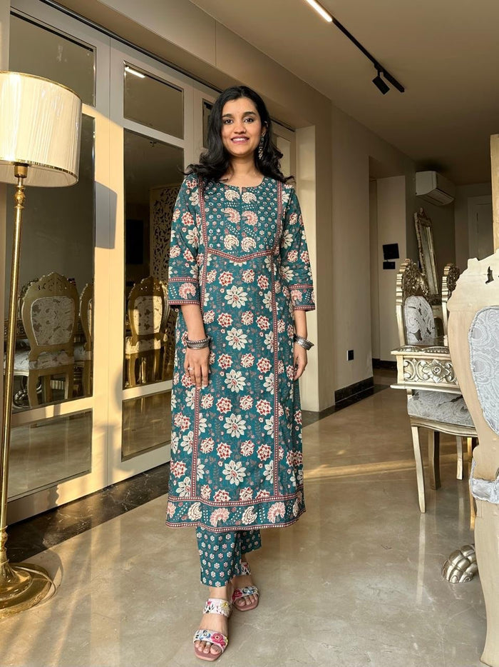 Shamma Premium Cotton Floral Suit- Green