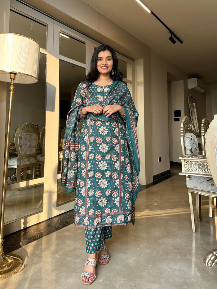 Shamma Premium Cotton Floral Suit- Green