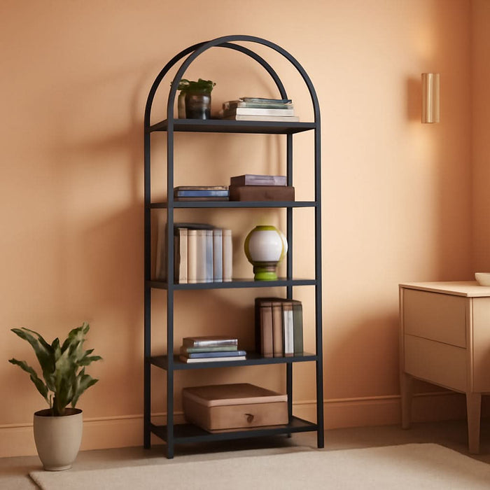 ShipItFurniture - Tall Black Arched Bookcase With 5 Open Shelves For Living Room