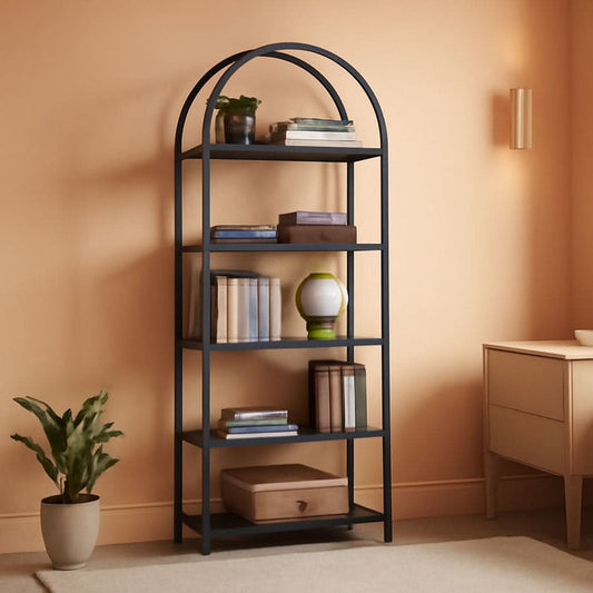ShipItFurniture - Tall Black Arched Bookcase With 5 Open Shelves For Living Room
