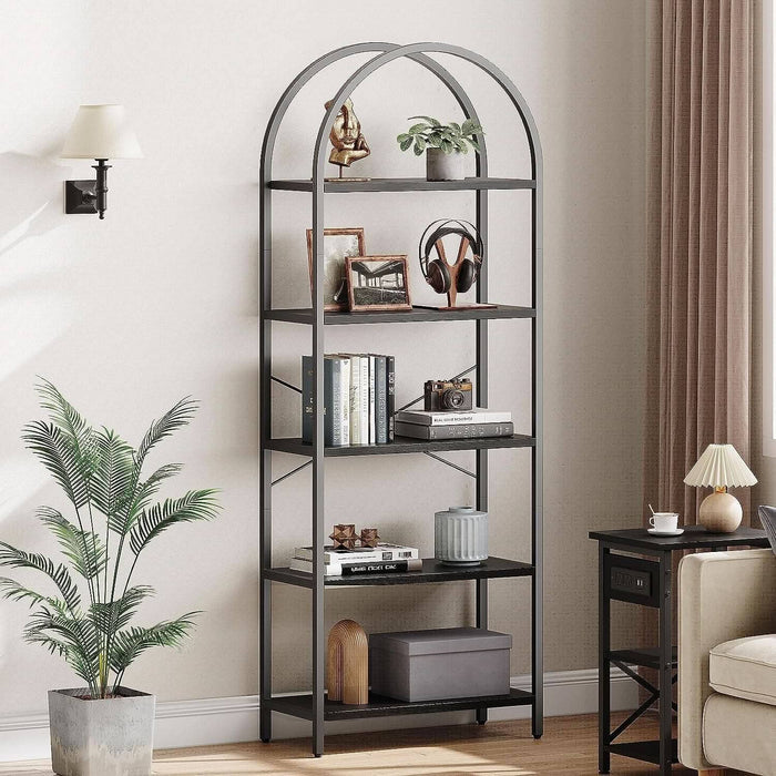 ShipItFurniture - Tall Black Arched Bookcase With 5 Open Shelves For Living Room