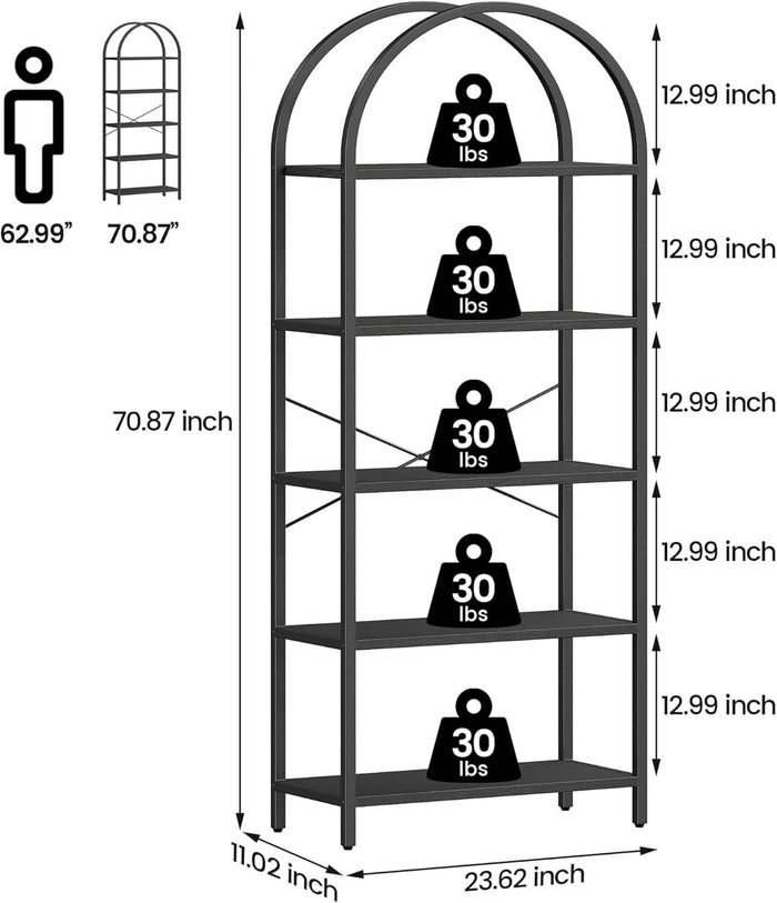 ShipItFurniture - Tall Black Arched Bookcase With 5 Open Shelves For Living Room