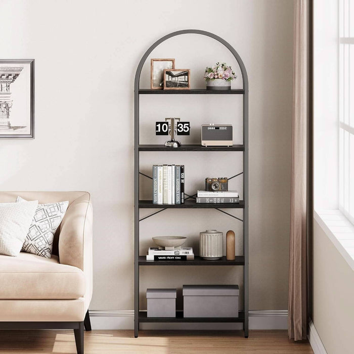 ShipItFurniture - Tall Black Arched Bookcase With 5 Open Shelves For Living Room