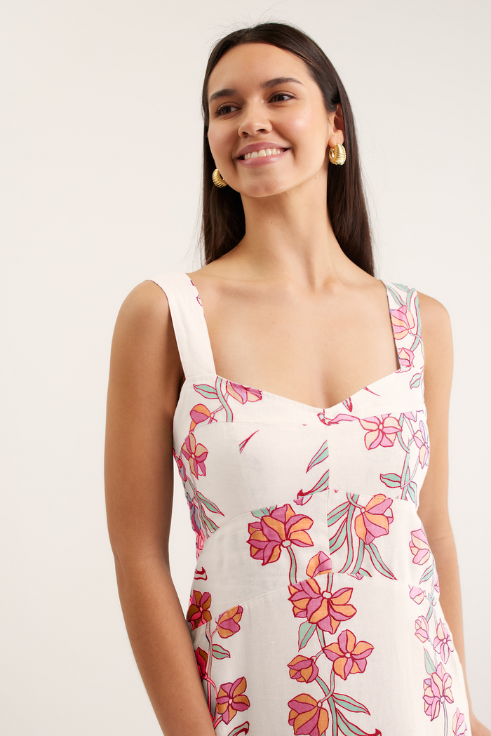 Simmie Linen Dress In Pink Vine Print