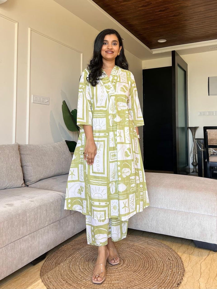 Sirsa Cotton Coord Set- Light Green Mix