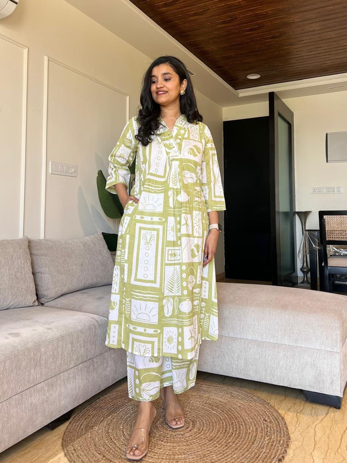 Sirsa Cotton Coord Set- Light Green Mix