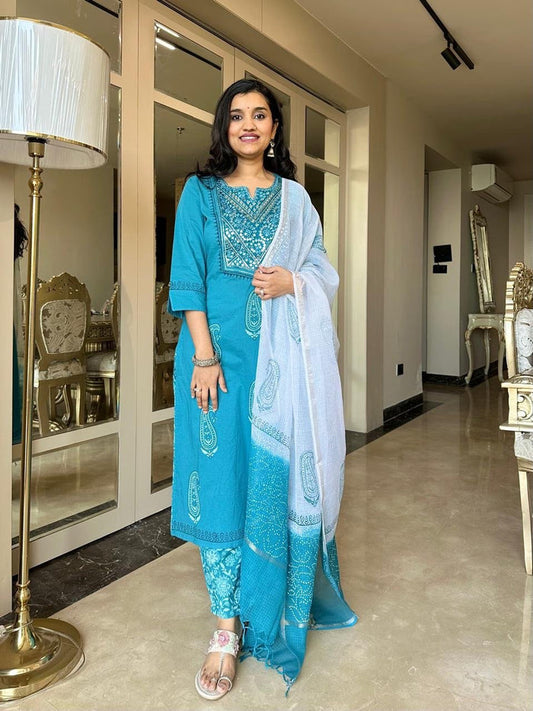Sitara Handwork Boota Cotton Suit- Blue