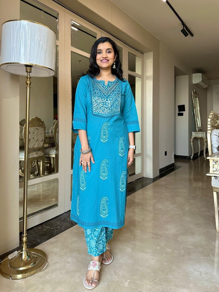 Sitara Handwork Boota Cotton Suit- Blue