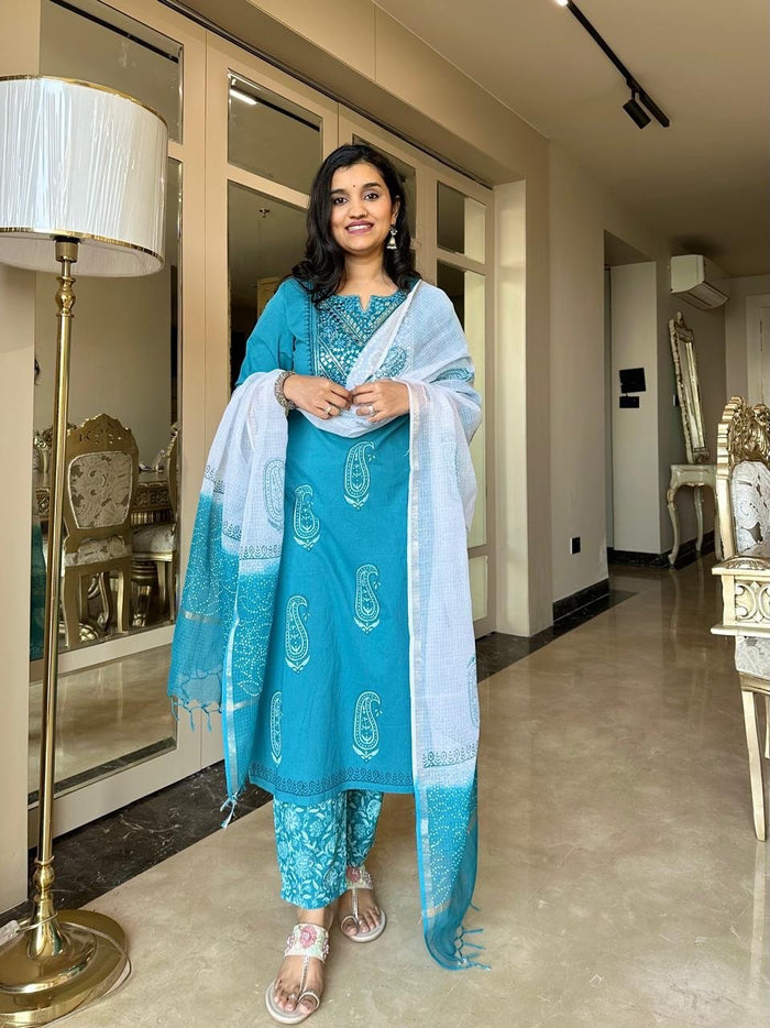 Sitara Handwork Boota Cotton Suit- Blue