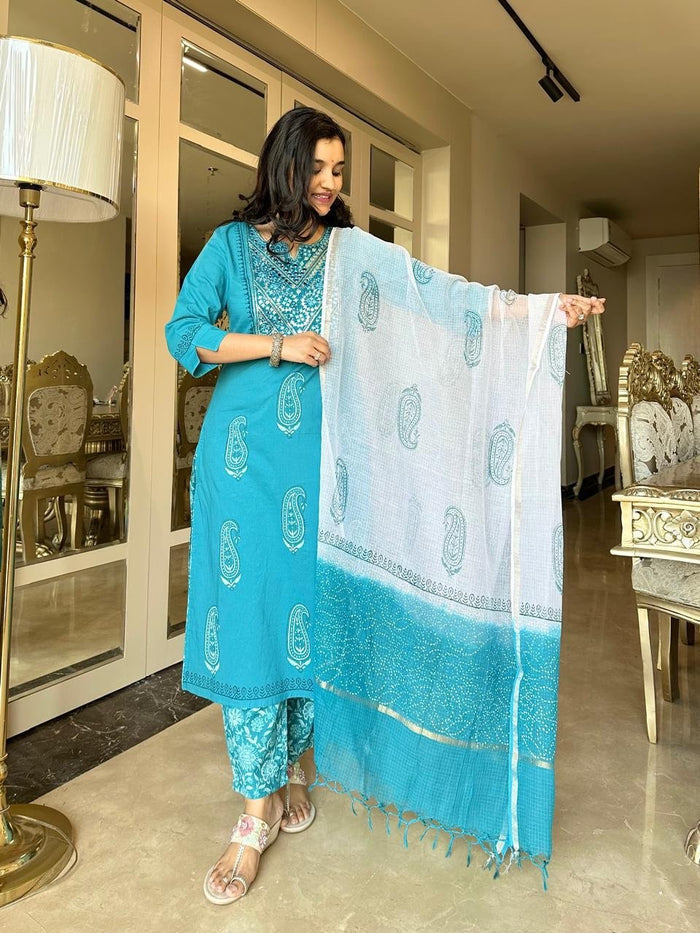 Sitara Handwork Boota Cotton Suit- Blue