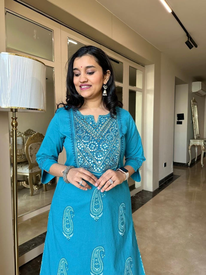 Sitara Handwork Boota Cotton Suit- Blue