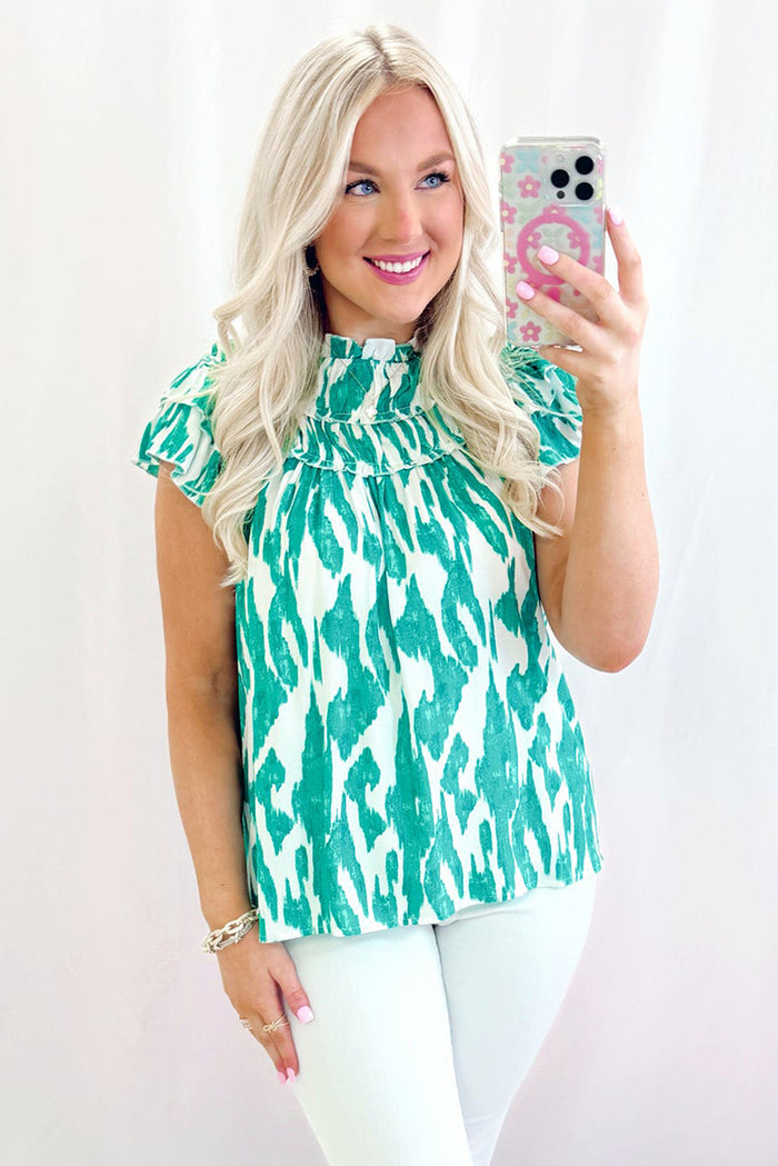 Sky Blue Abstract Print Frilled Crewneck Loose Fit Blouse - Tops/Blouses & Shirts