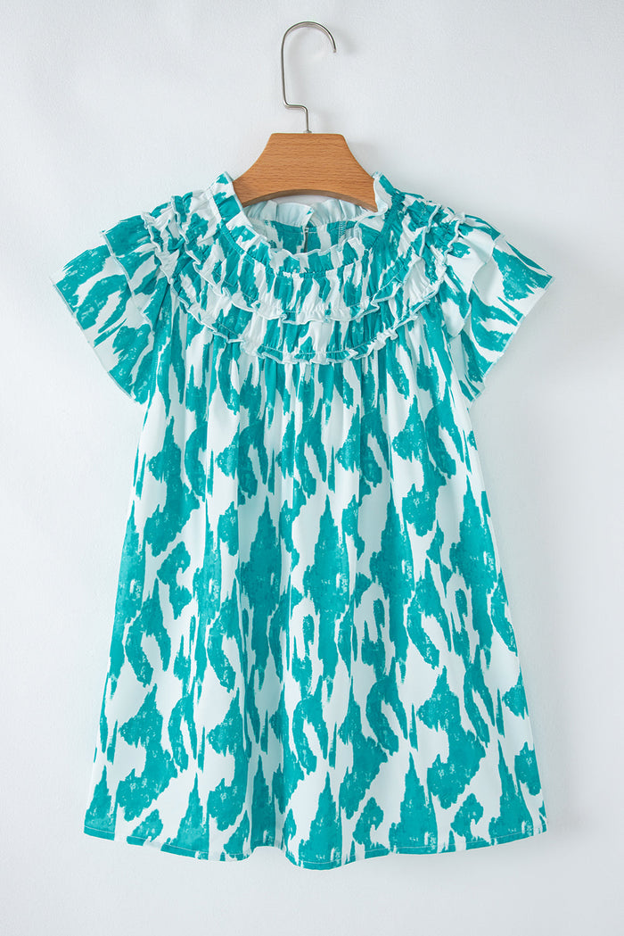 Sky Blue Abstract Print Frilled Crewneck Loose Fit Blouse - Tops/Blouses & Shirts