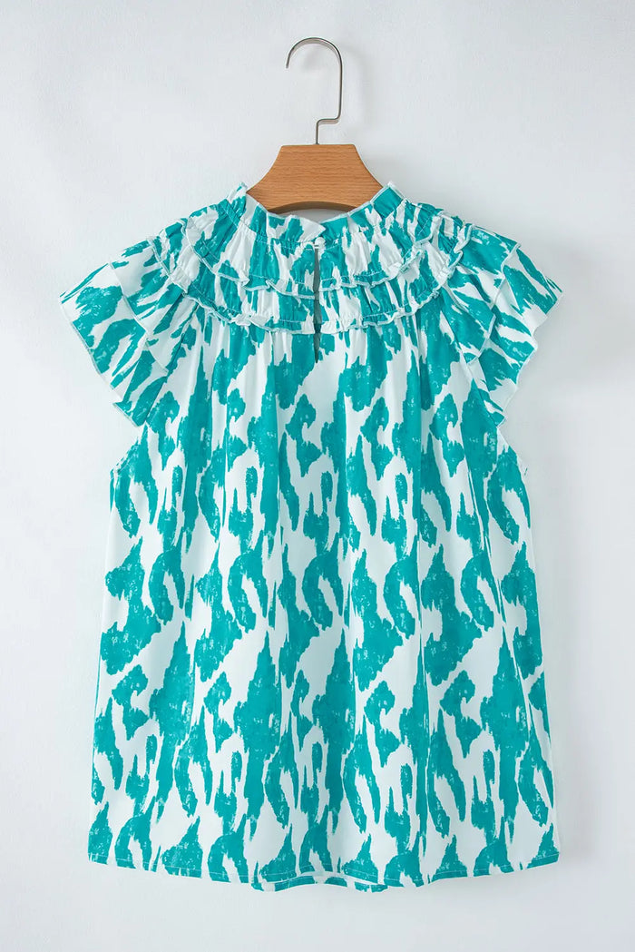 Sky Blue Abstract Print Frilled Crewneck Loose Fit Blouse - Tops/Blouses & Shirts
