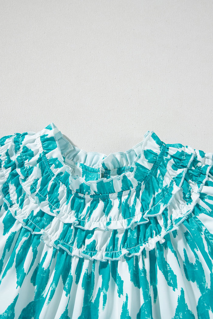 Sky Blue Abstract Print Frilled Crewneck Loose Fit Blouse - Tops/Blouses & Shirts