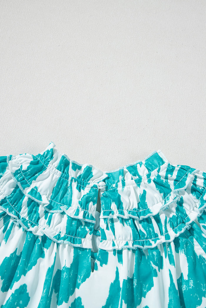Sky Blue Abstract Print Frilled Crewneck Loose Fit Blouse - Tops/Blouses & Shirts
