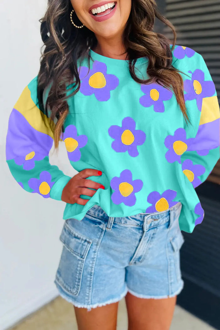 Sky Blue Floral Colour Block Long Sleeve Loose Top - SKY BLUE / S / 95% POLYESTER + 5% ELASTANE - Tops/Long Tops