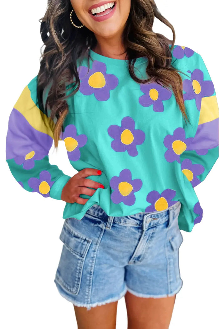 Sky Blue Floral Colour Block Long Sleeve Loose Top - Tops/Long Tops
