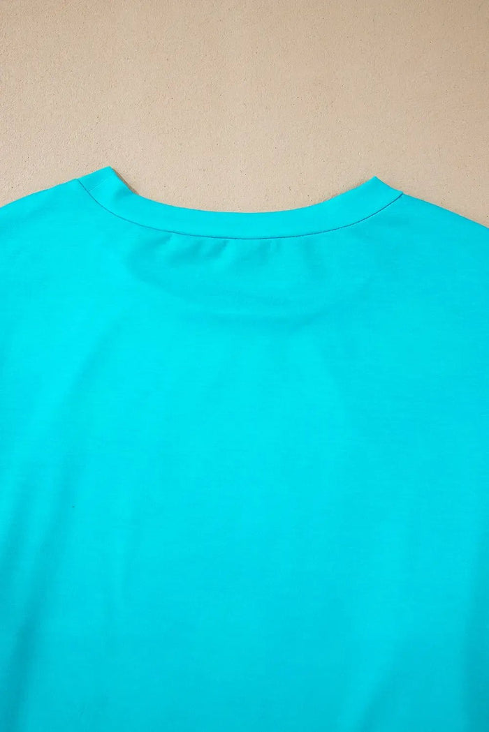 Sky Blue Floral Colour Block Long Sleeve Loose Top - Tops/Long Tops