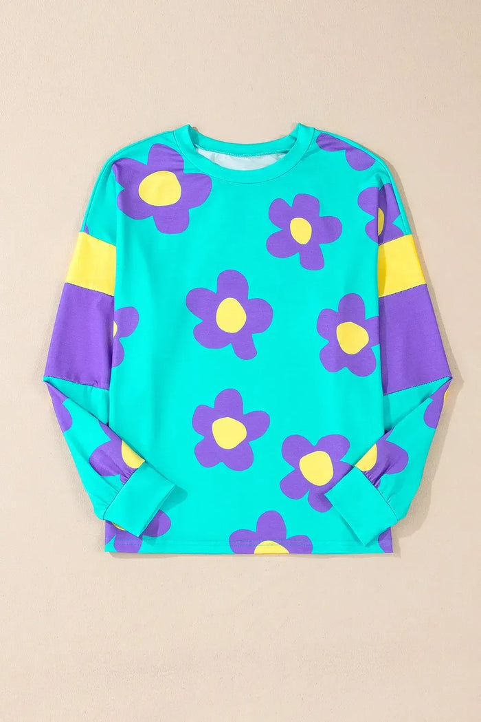 Sky Blue Floral Colour Block Long Sleeve Loose Top - Tops/Long Tops