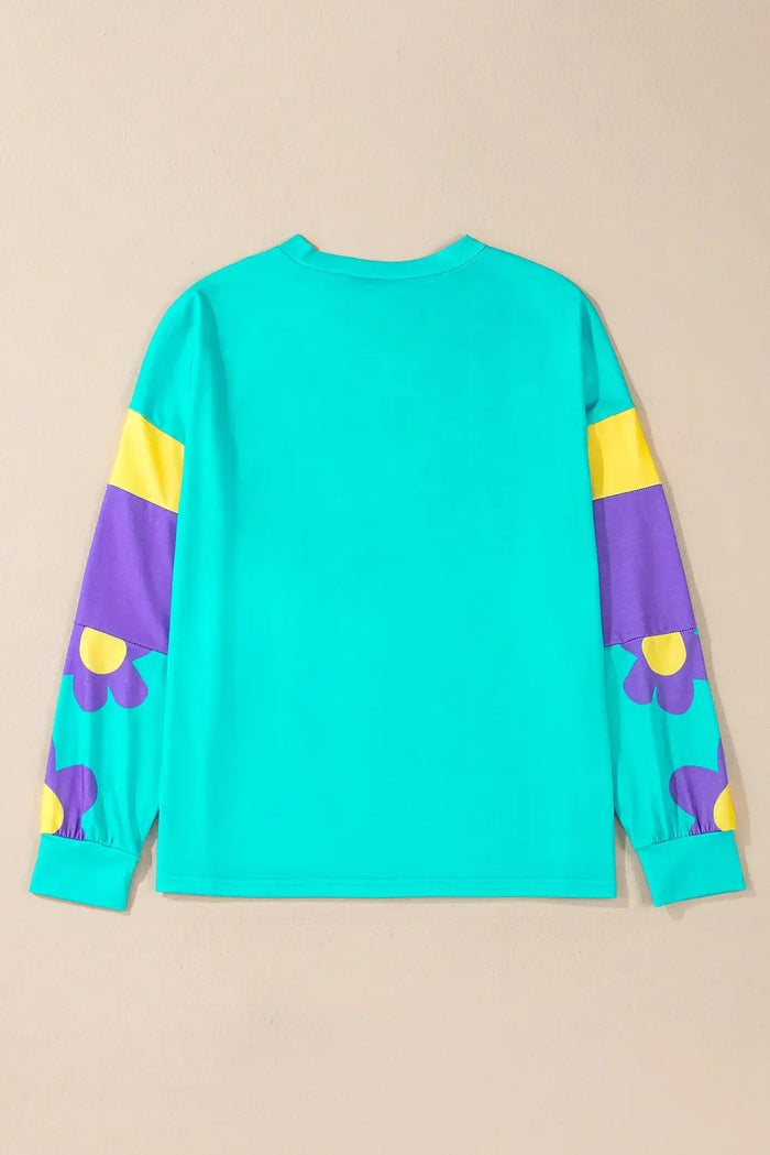 Sky Blue Floral Colour Block Long Sleeve Loose Top - Tops/Long Tops