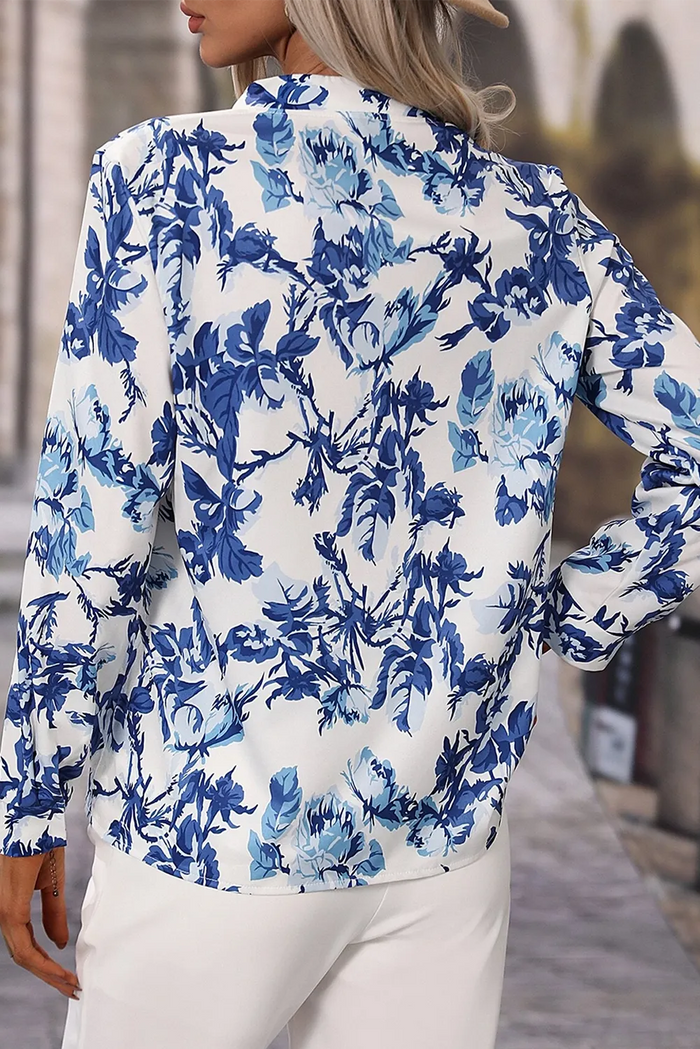 Sky Blue Floral Print Notched Neck Elegant Blouse - Tops/Blouses & Shirts
