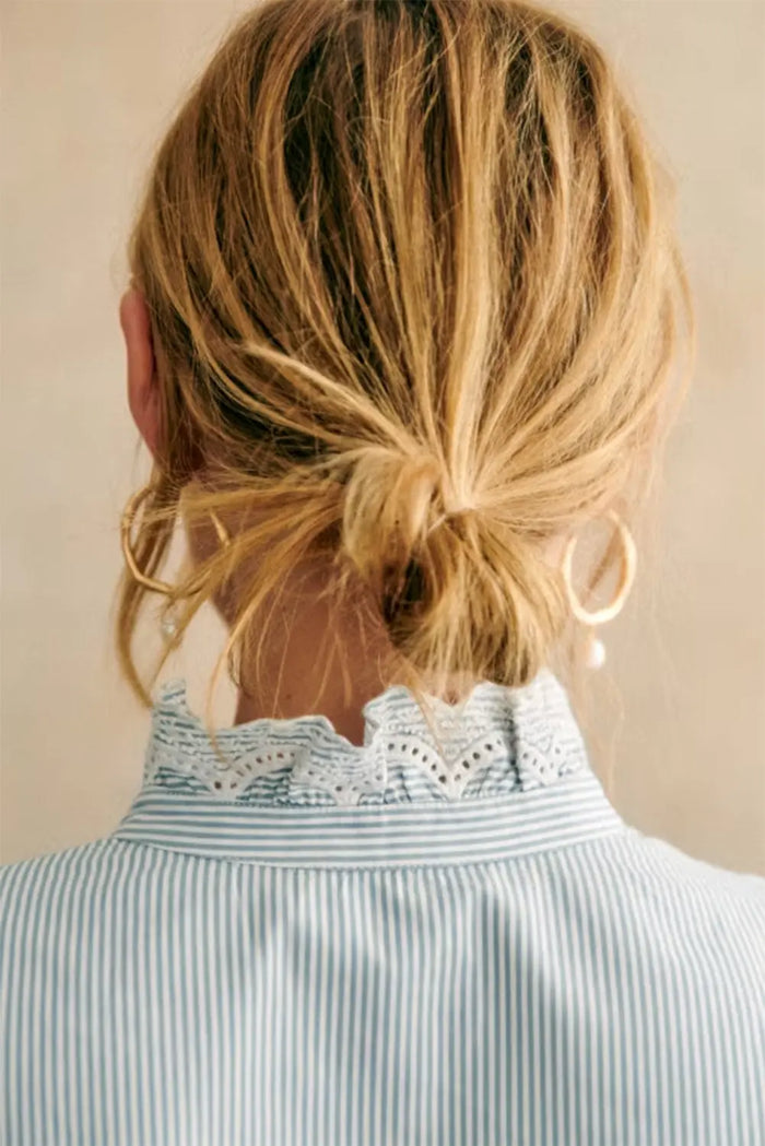 Sky Blue Stripe Frilled Trim Button Up Long Sleeve Shirt - Tops/Blouses & Shirts