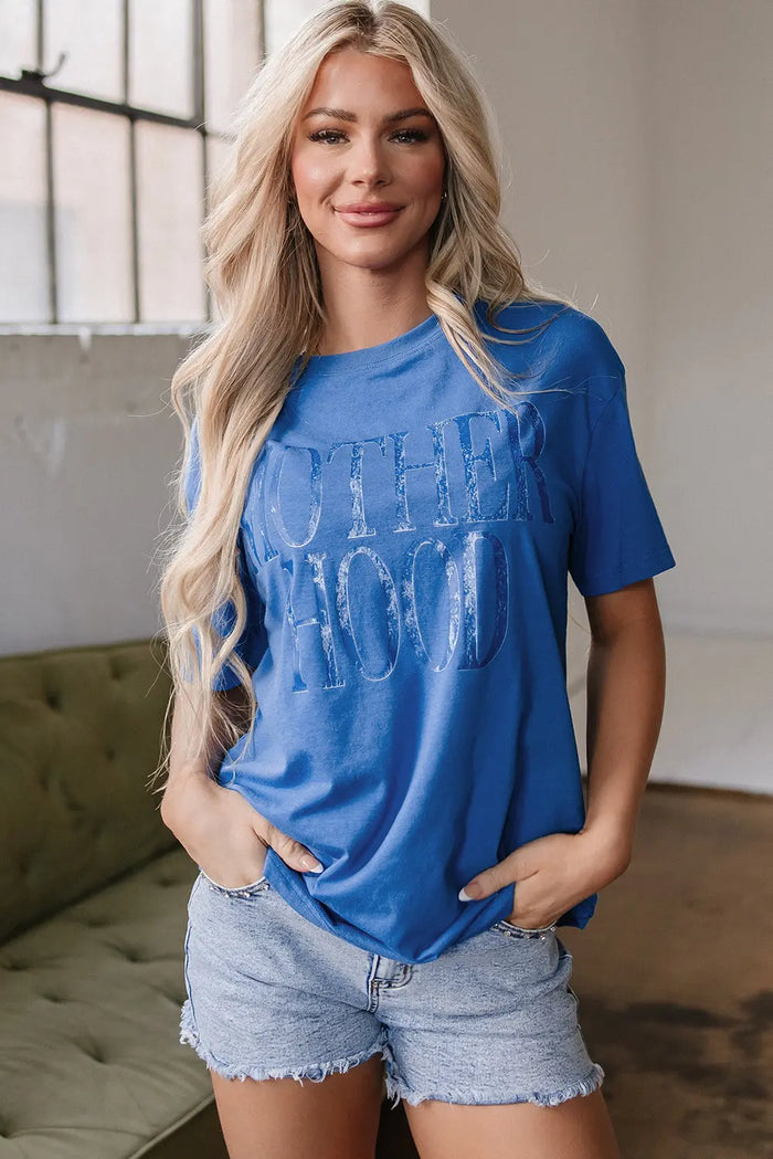 Sky Blue Vintage MOTHERHOOD Letter Graphic T Shirt - S / 62% Polyester + 32% Cotton + 6% Elastane - Graphic/Graphic Tees