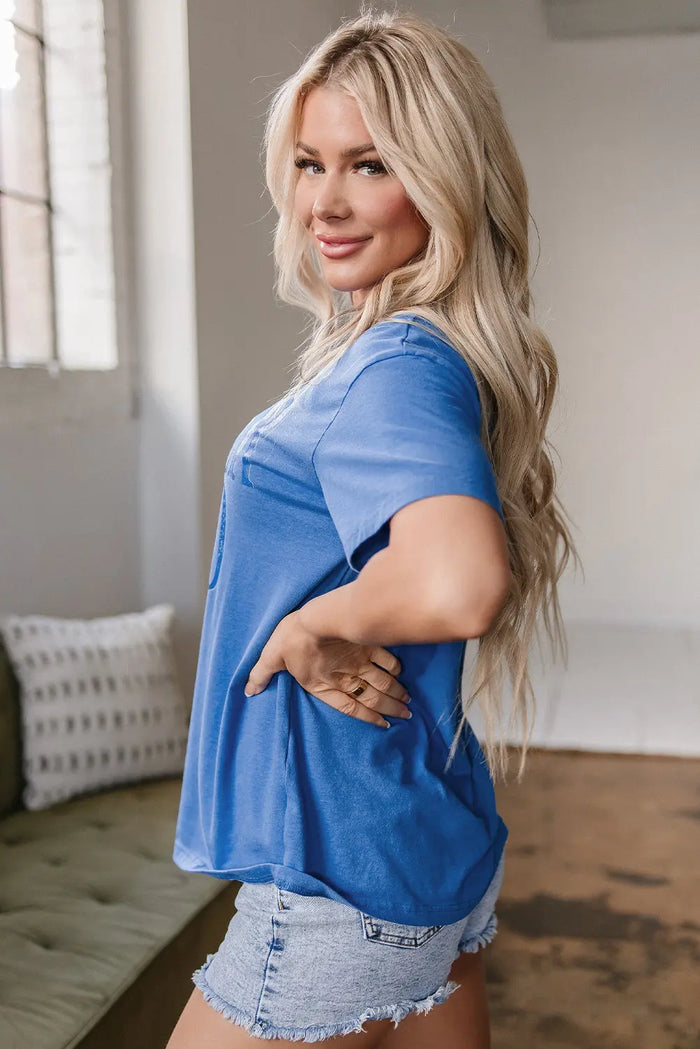 Sky Blue Vintage MOTHERHOOD Letter Graphic T Shirt - Graphic/Graphic Tees
