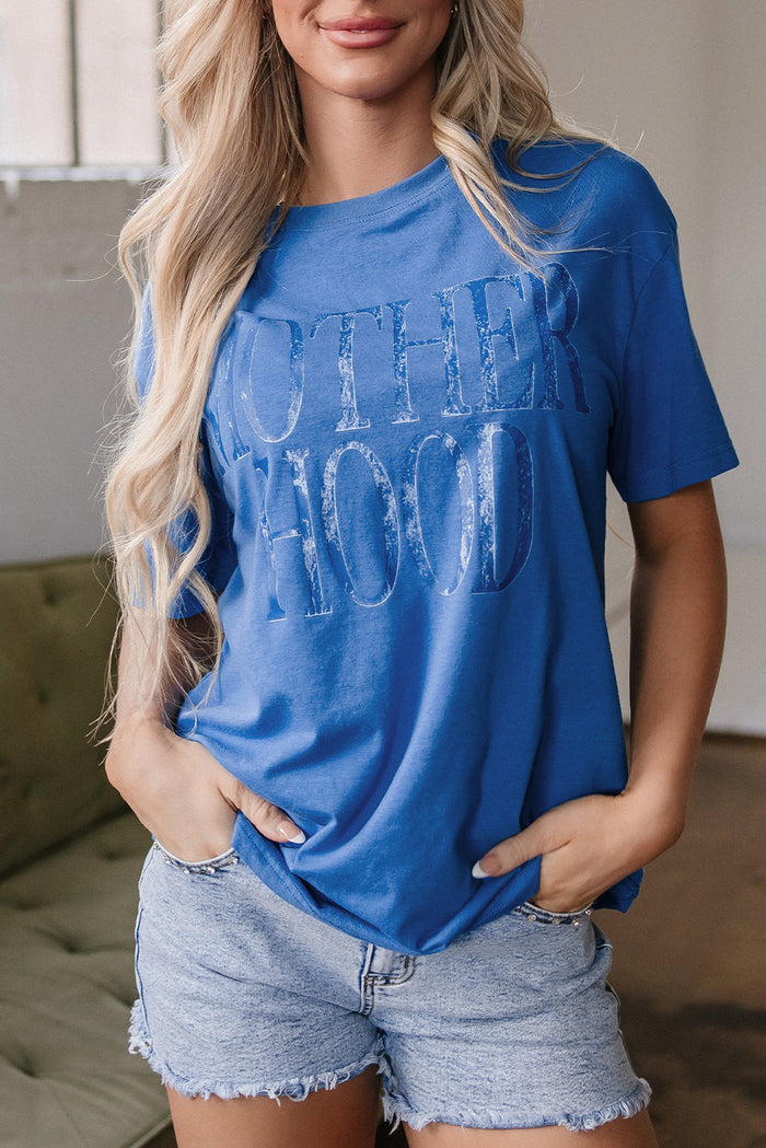 Sky Blue Vintage MOTHERHOOD Letter Graphic T Shirt - Graphic/Graphic Tees