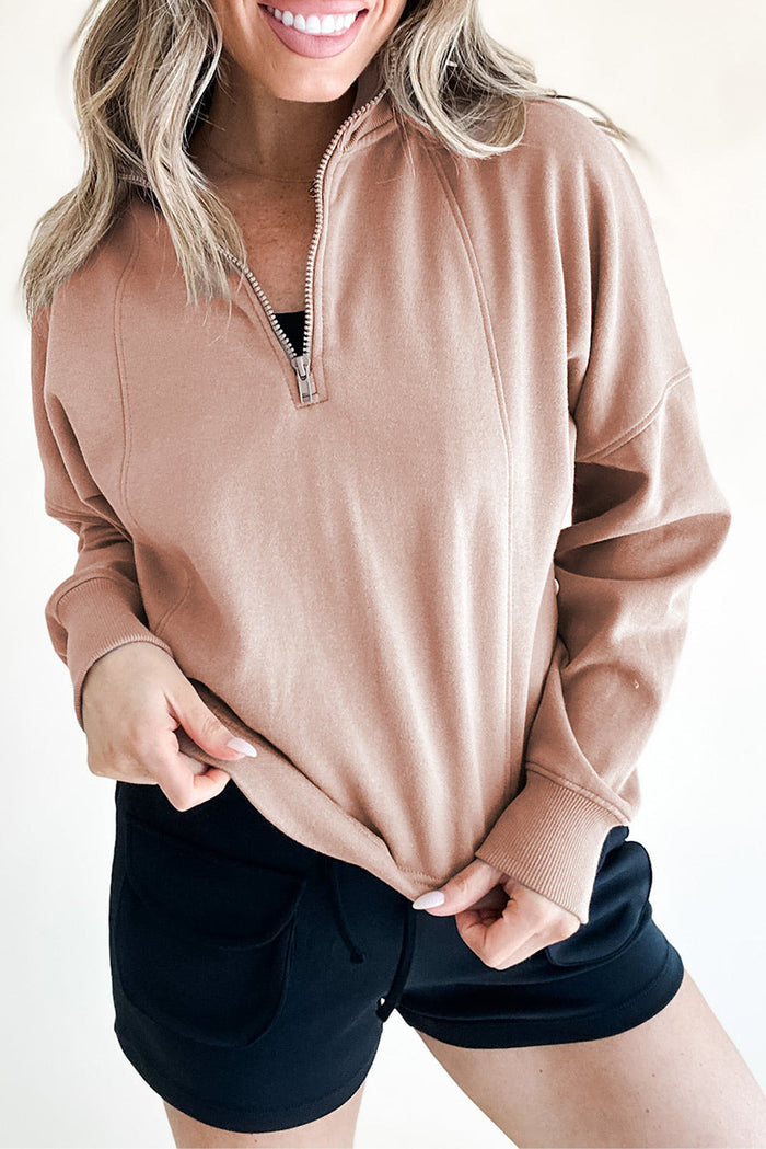 Smoke Grey Zipped Neck Pullover Drop Shoulder Sweatshirt - SMOKE GRAY / S / 50% POLYESTER + 50% COTTON