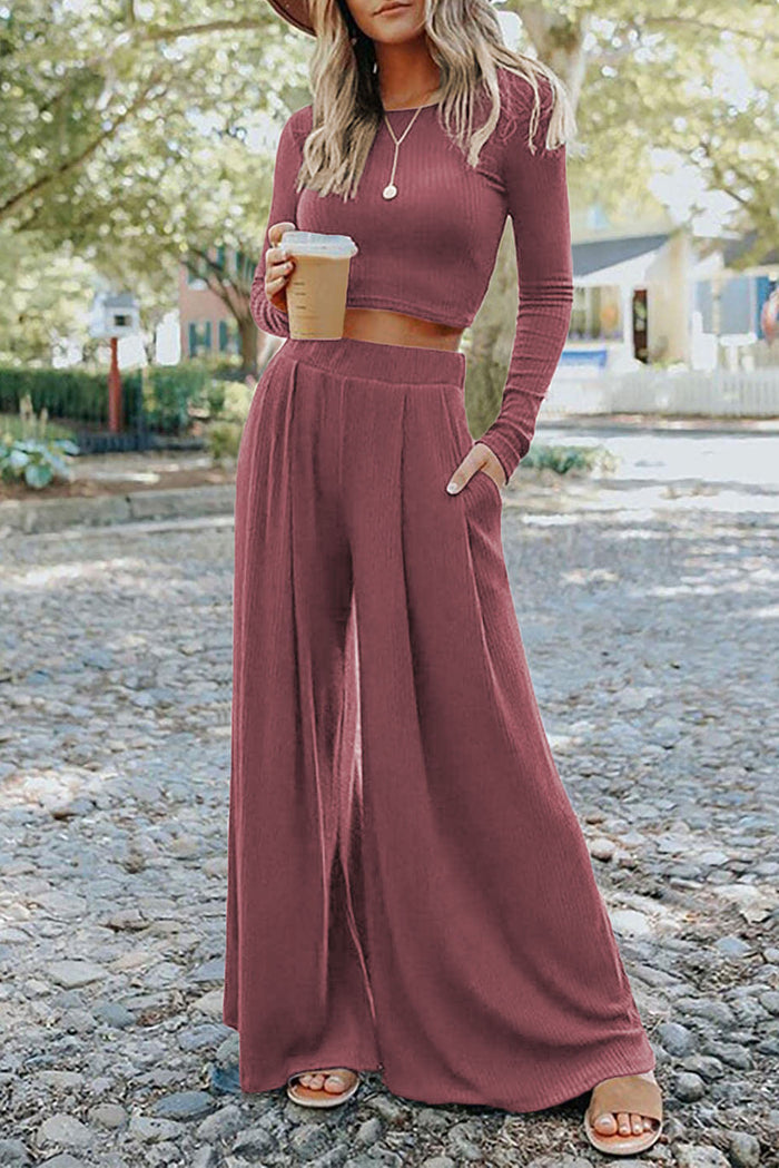 Solid Colour Ribbed Crop Top Long Trousers Set - Two Piece Sets/Pant Sets