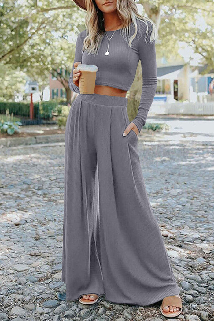 Solid Colour Ribbed Crop Top Long Trousers Set - Two Piece Sets/Pant Sets