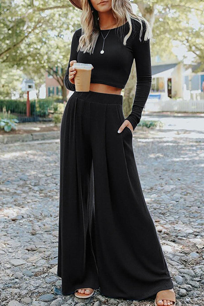 Solid Colour Ribbed Crop Top Long Trousers Set - BLACK / S / 65% POLYESTER + 25% VISCOSE + 10% ELASTANE - Two Piece