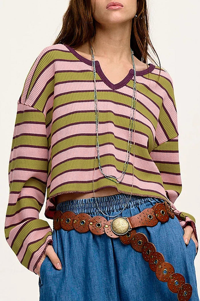 Spinach Green Clashing Stripes Waffle Texture Notched Neck Long Sleeve Top - SPINACH GREEN / S / 95% POLYESTER + 5%