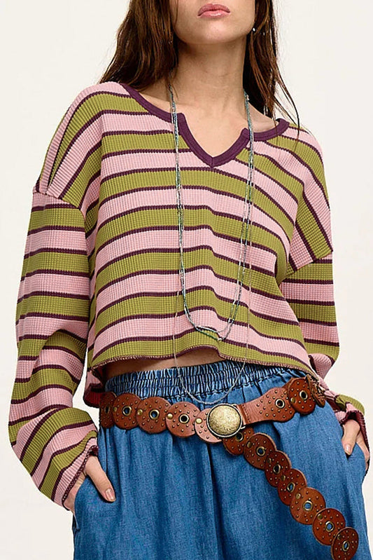 Spinach Green Clashing Stripes Waffle Texture Notched Neck Long Sleeve Top - SPINACH GREEN / S / 95% POLYESTER + 5%