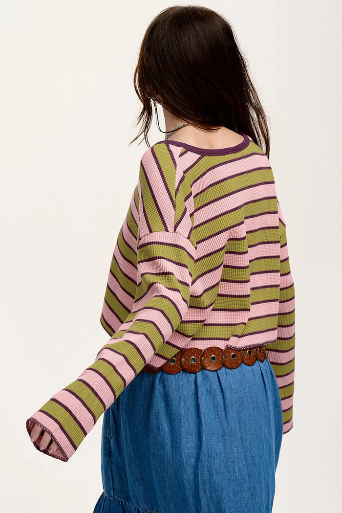 Spinach Green Clashing Stripes Waffle Texture Notched Neck Long Sleeve Top - Tops/Long Tops
