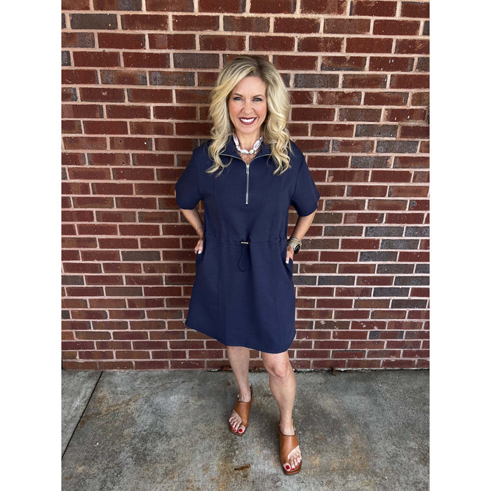 SS - Half Sleeve, Half Zip, Drawstring Waist Scuba Dress w Pockets 7584 - Navy