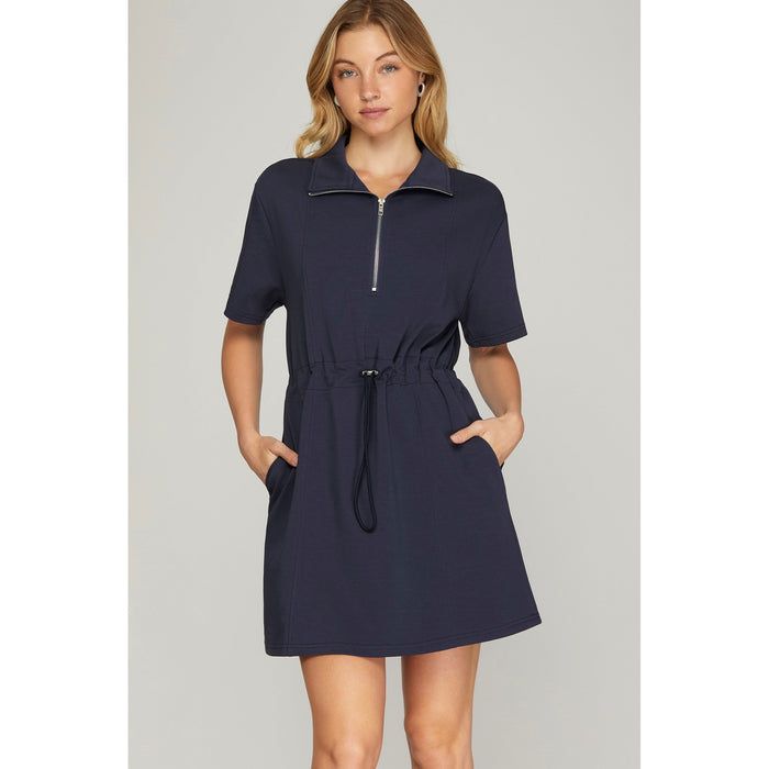 SS - Half Sleeve, Half Zip, Drawstring Waist Scuba Dress w Pockets 7584 - Navy
