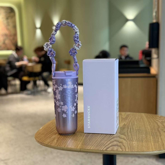 640ml Falling Cherry Blossom Stainless Steel Straw Cup with Woven Handheld