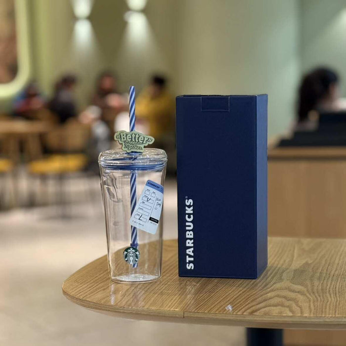 585ml fun icon glass blue and white straw with straw decoration