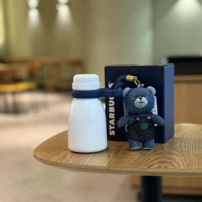 400ml bottle-shaped thermos cup with denim bear store manager pendant
